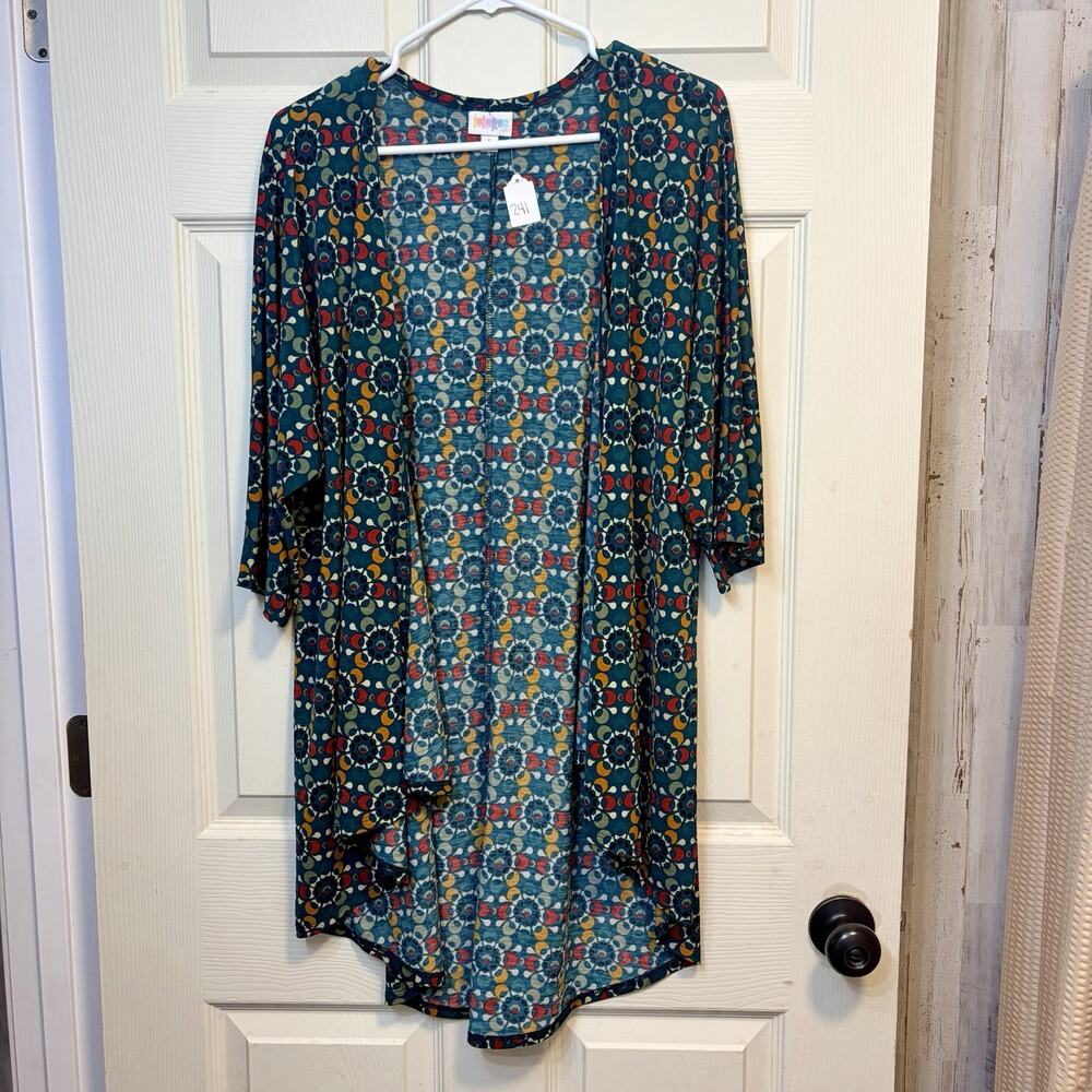 LuLaRoe Sarah Cardigan Small Teal Geometric Print‎ Open Front Duster